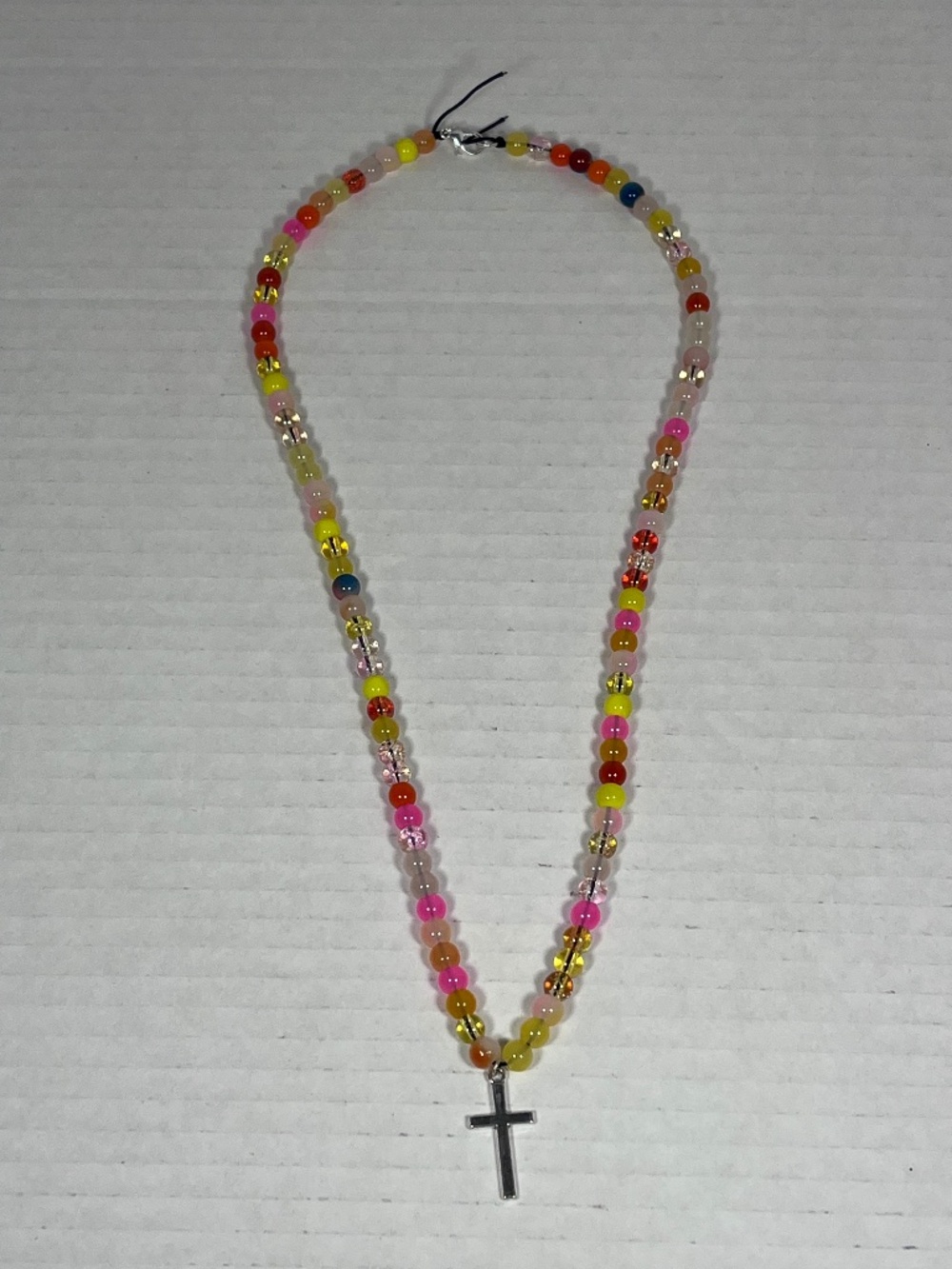 Silver Cross Yellow/Orange Glass Bead Necklace ~23 inches